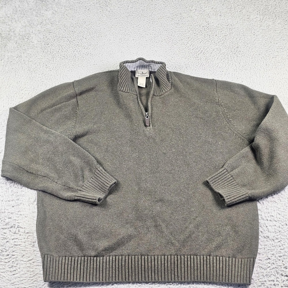 L.L. Bean Sweater Mens XL Green 100% Cotton 1/4 Zip Mock Neck Knit Pullover